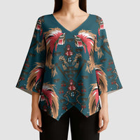 Dark Cyan Blue Bird of Batik Papua Kimono Sleeve Blouse Exotic Natural Wealth of Papua LT9 - Polynesian Pride