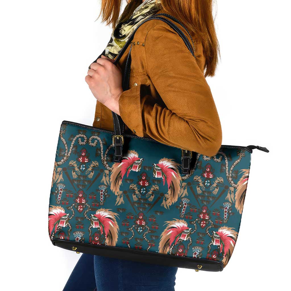 Dark Cyan Blue Bird of Batik Papua Leather Tote Bag Exotic Natural Wealth of Papua LT9 Blue - Polynesian Pride
