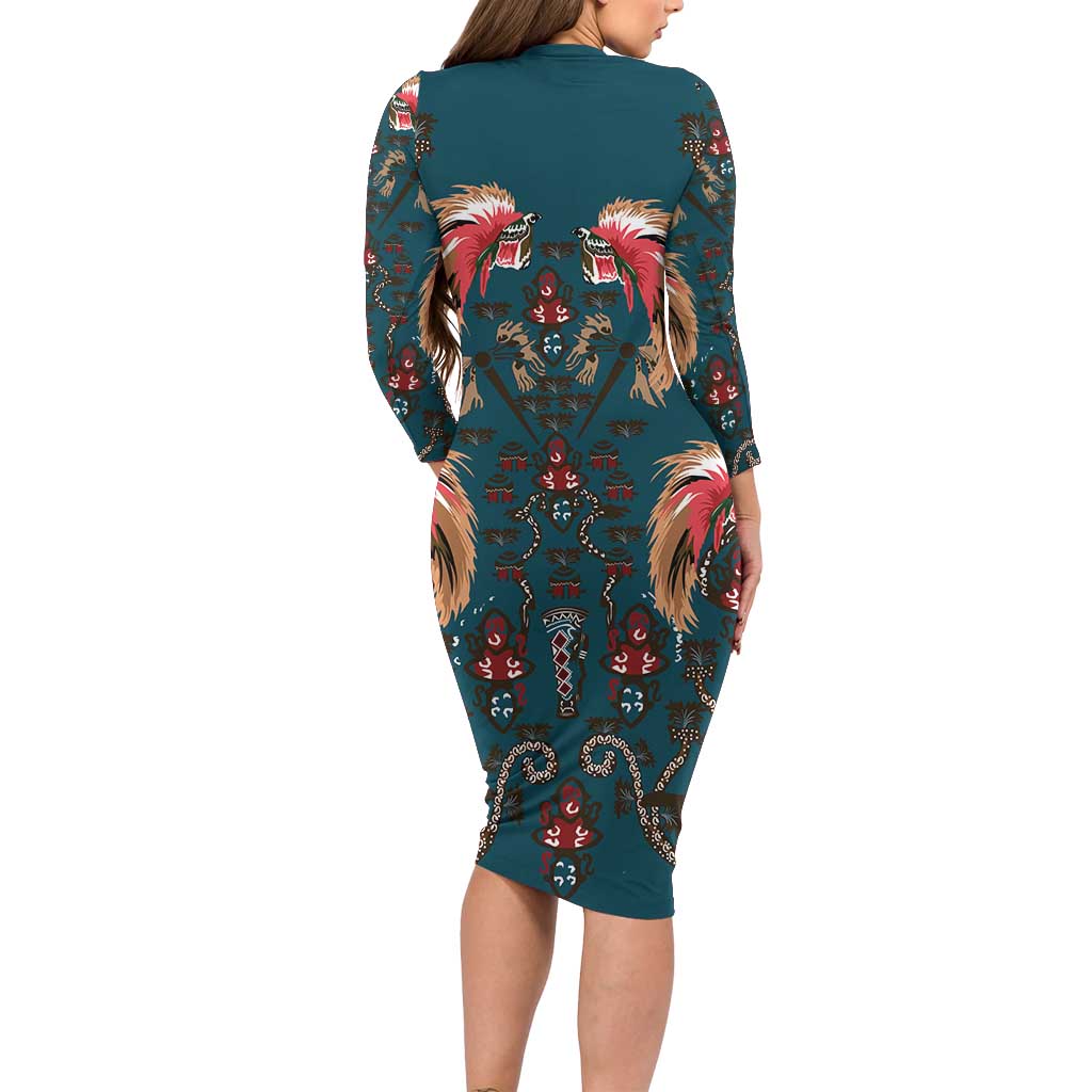 Dark Cyan Blue Bird of Batik Papua Long Sleeve Bodycon Dress Exotic Natural Wealth of Papua LT9 - Polynesian Pride
