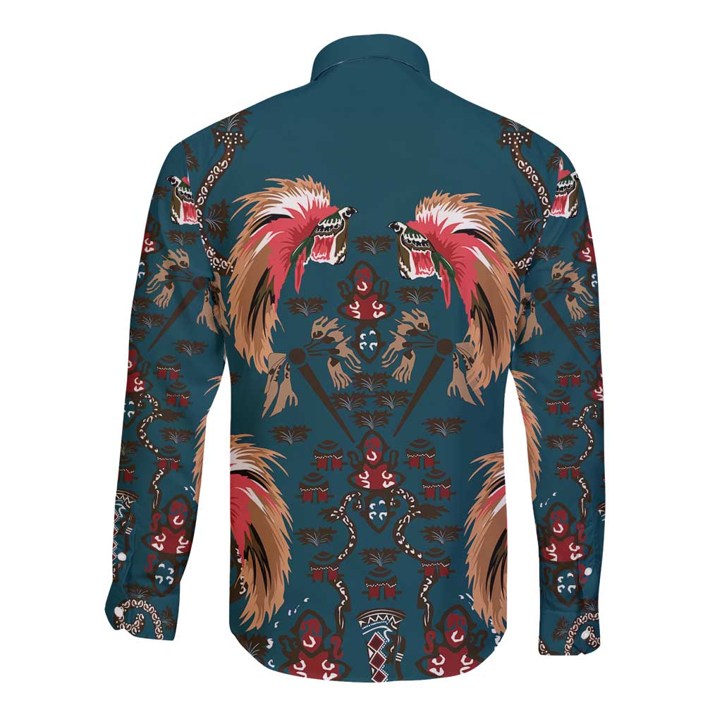 Dark Cyan Blue Bird of Batik Papua Long Sleeve Button Shirt Exotic Natural Wealth of Papua LT9 - Polynesian Pride