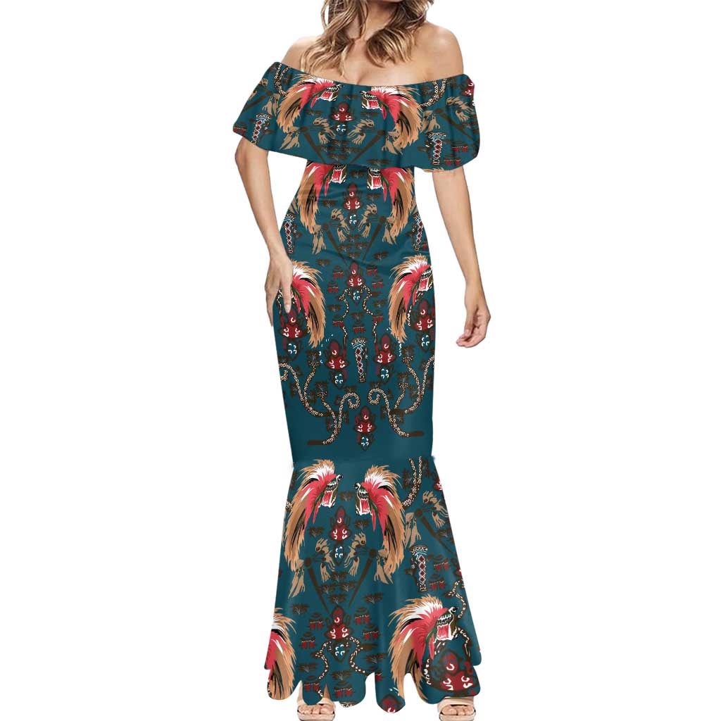 Dark Cyan Blue Bird of Batik Papua Mermaid Dress Exotic Natural Wealth of Papua LT9 - Polynesian Pride