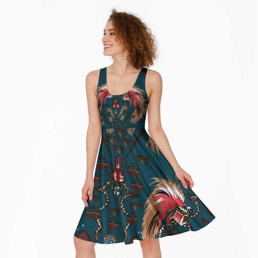 Dark Cyan Blue Bird of Batik Papua Midi Dress Exotic Natural Wealth of Papua LT9 - Polynesian Pride