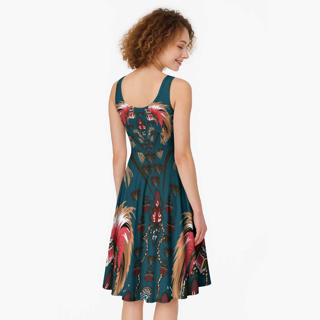 Dark Cyan Blue Bird of Batik Papua Midi Dress Exotic Natural Wealth of Papua LT9 - Polynesian Pride