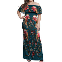 Dark Cyan Blue Bird of Batik Papua Off Shoulder Maxi Dress Exotic Natural Wealth of Papua LT9 Women Blue - Polynesian Pride