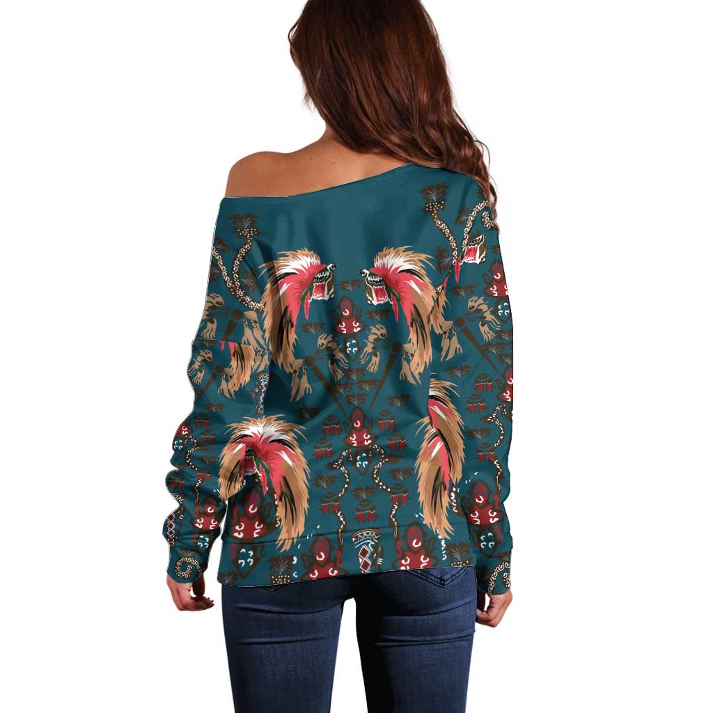 Dark Cyan Blue Bird of Batik Papua Off Shoulder Sweater Exotic Natural Wealth of Papua LT9 - Polynesian Pride