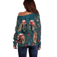 Dark Cyan Blue Bird of Batik Papua Off Shoulder Sweater Exotic Natural Wealth of Papua LT9 - Polynesian Pride