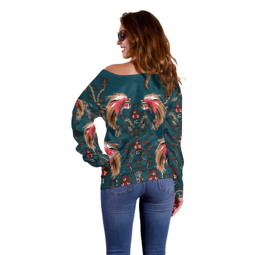 Dark Cyan Blue Bird of Batik Papua Off Shoulder Sweater Exotic Natural Wealth of Papua LT9 - Polynesian Pride