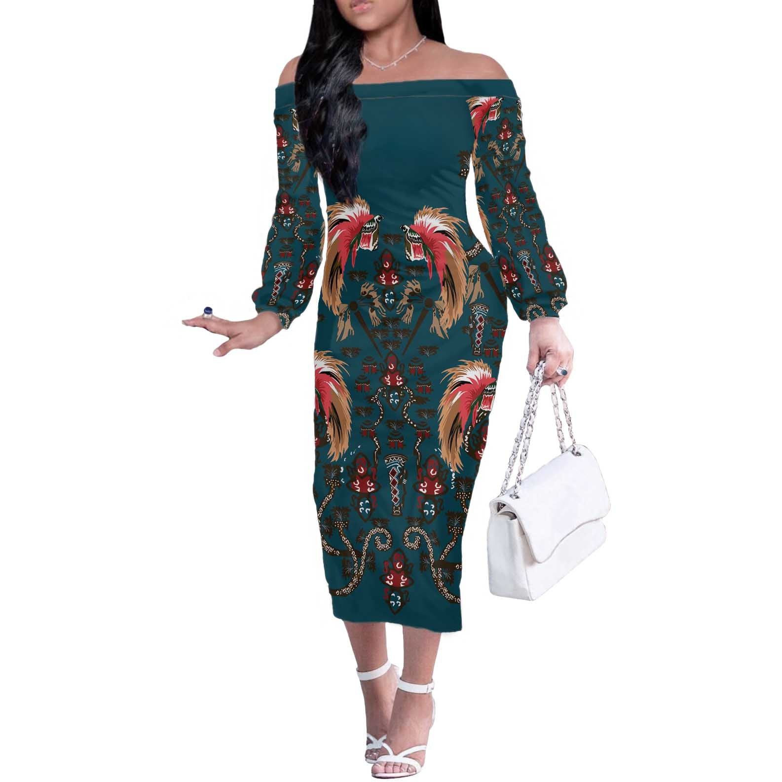 Dark Cyan Blue Bird of Batik Papua Off The Shoulder Long Sleeve Dress Exotic Natural Wealth of Papua - Polynesian Pride