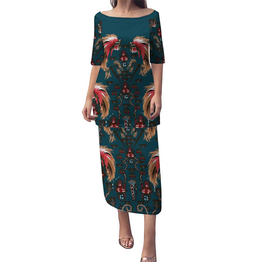 Dark Cyan Blue Bird of Batik Papua Puletasi Exotic Natural Wealth of Papua LT9 Long Dress Blue - Polynesian Pride