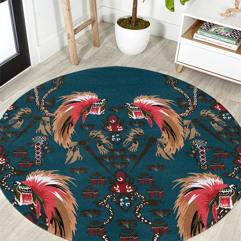 Dark Cyan Blue Bird of Batik Papua Round Carpet Exotic Natural Wealth of Papua LT9 Blue - Polynesian Pride