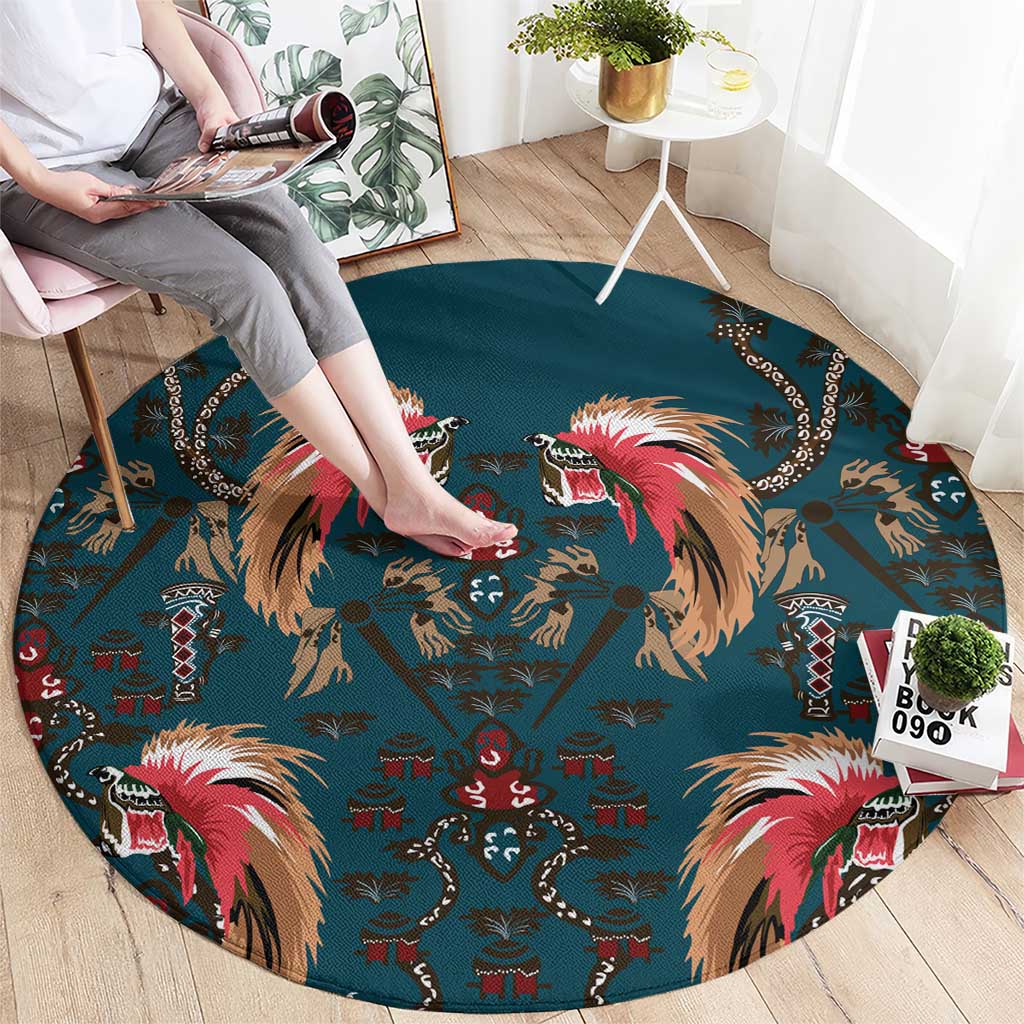 Dark Cyan Blue Bird of Batik Papua Round Carpet Exotic Natural Wealth of Papua LT9 - Polynesian Pride