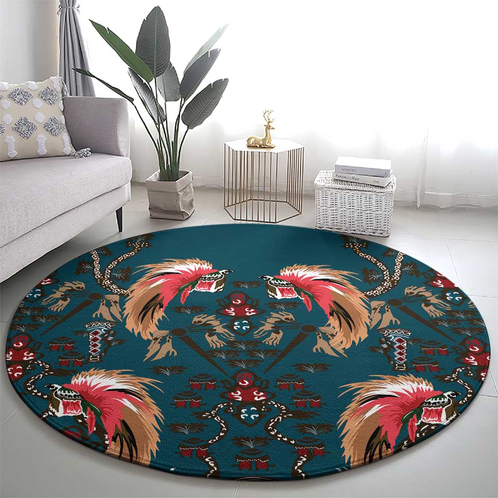 Dark Cyan Blue Bird of Batik Papua Round Carpet Exotic Natural Wealth of Papua LT9 - Polynesian Pride