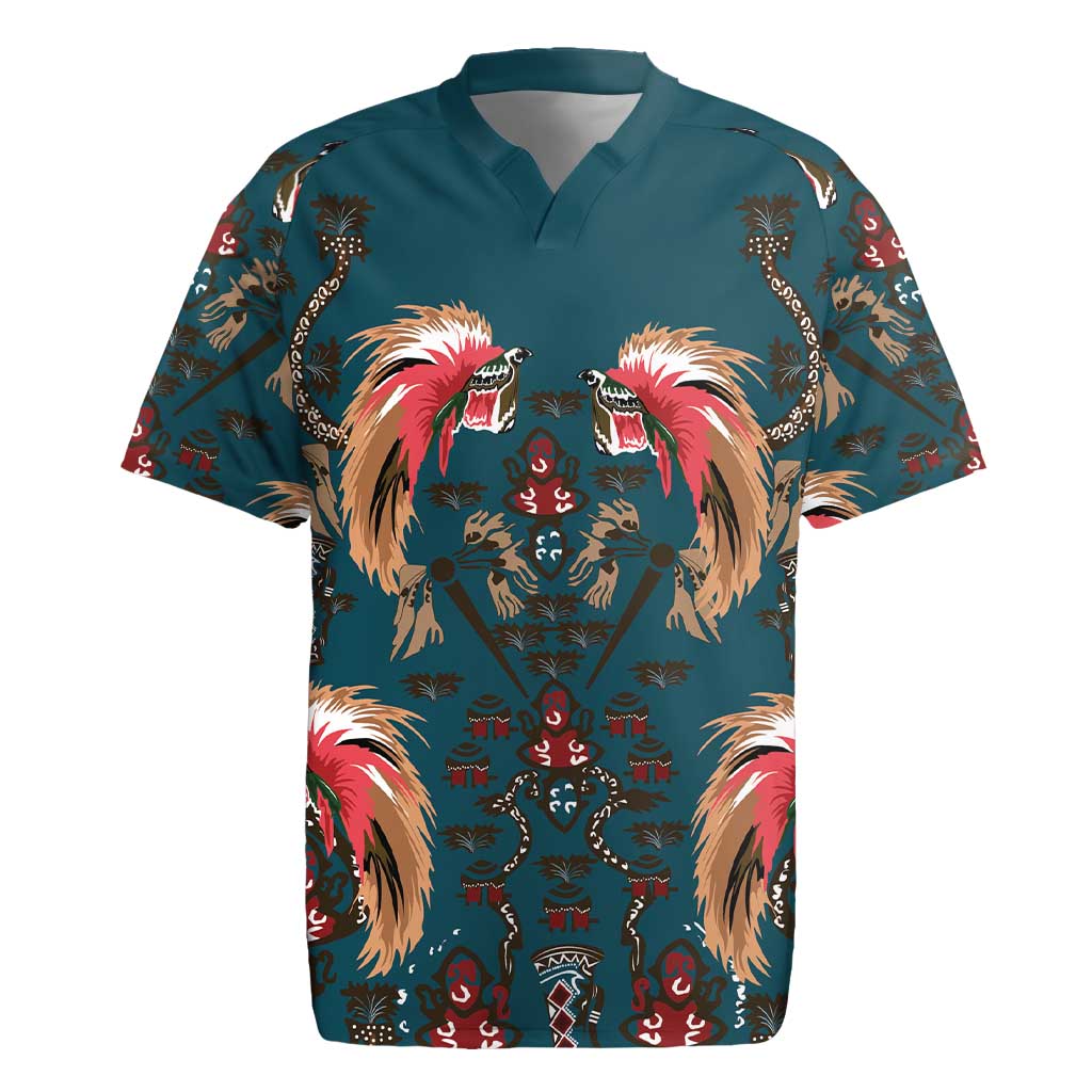 Dark Cyan Blue Bird of Batik Papua Rugby Jersey Exotic Natural Wealth of Papua LT9 Blue - Polynesian Pride