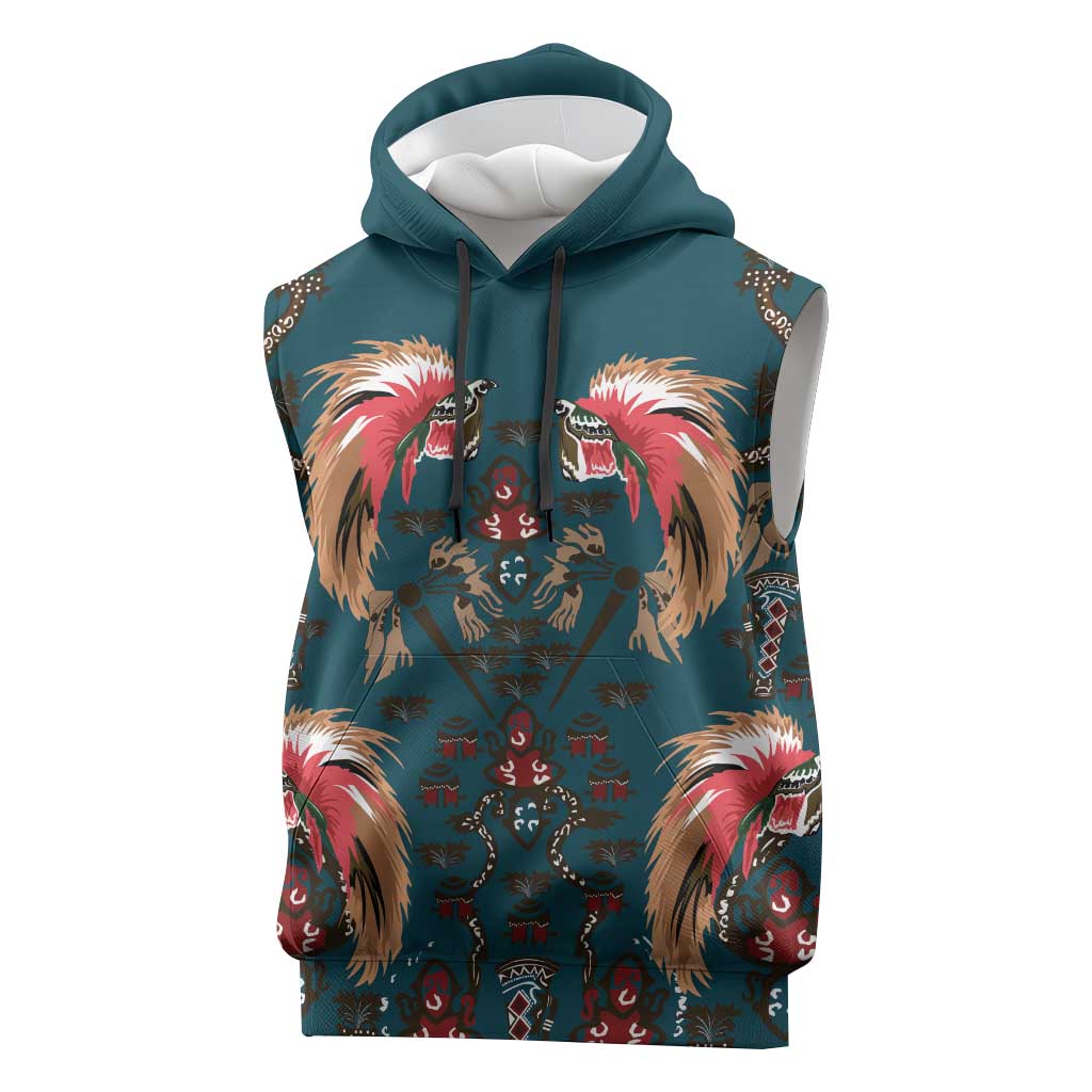 Dark Cyan Blue Bird of Batik Papua Sleeveless Hoodie Exotic Natural Wealth of Papua LT9 Blue - Polynesian Pride