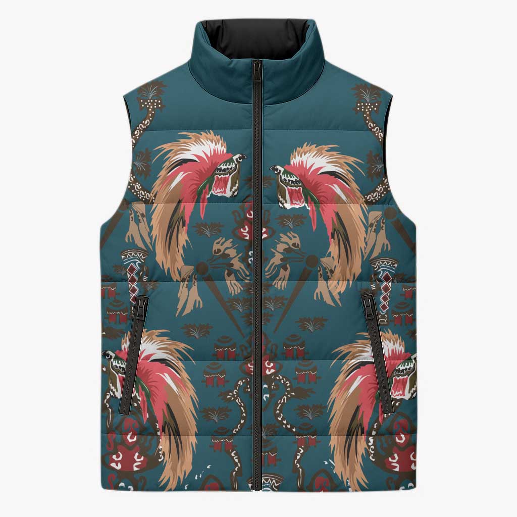 Dark Cyan Blue Bird of Batik Papua Sleeveless Puffer Jacket Exotic Natural Wealth of Papua LT9 Unisex Blue - Polynesian Pride
