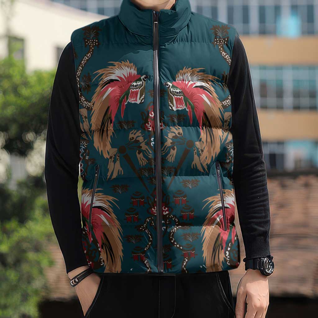 Dark Cyan Blue Bird of Batik Papua Sleeveless Puffer Jacket Exotic Natural Wealth of Papua LT9 - Polynesian Pride
