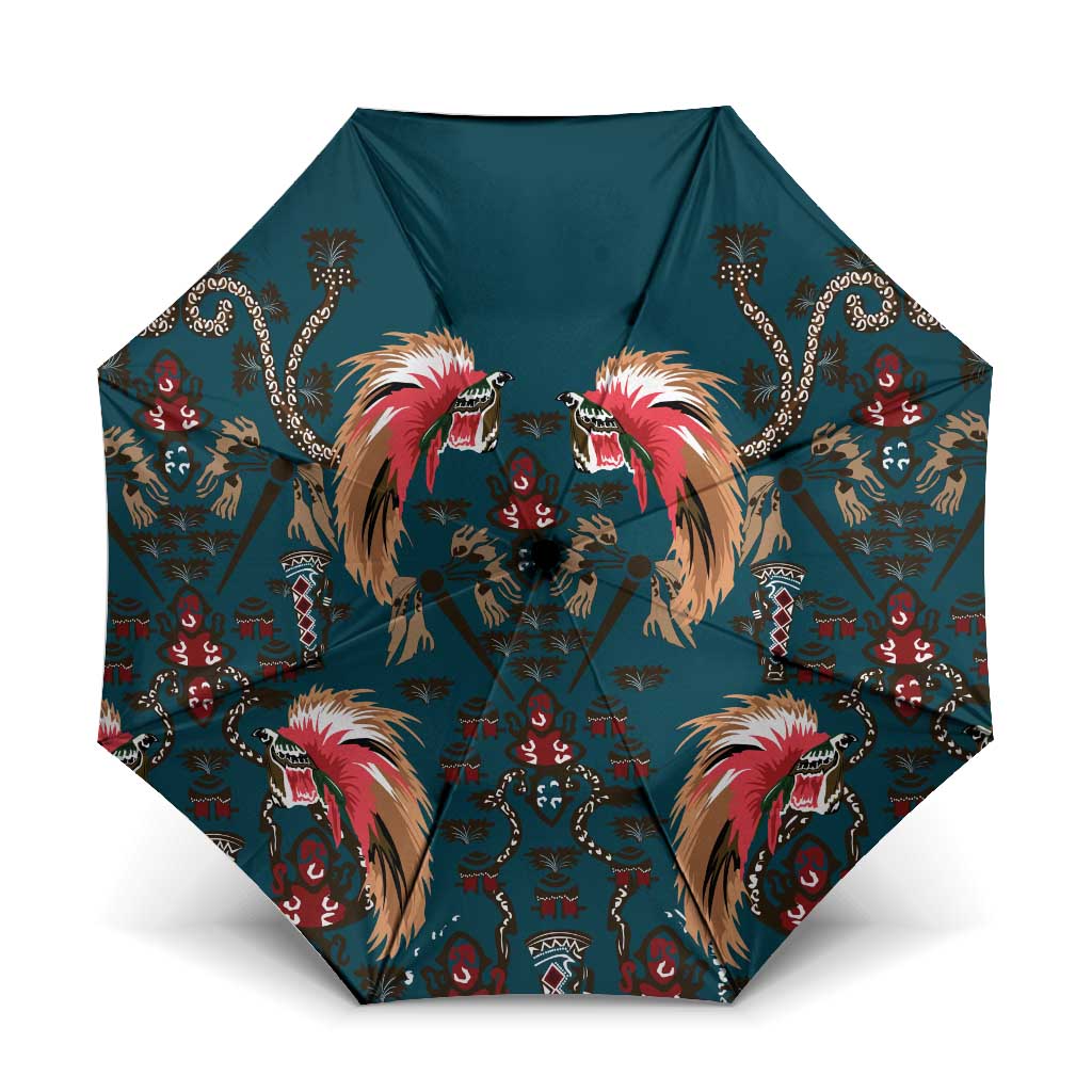 Dark Cyan Blue Bird of Batik Papua Umbrella Exotic Natural Wealth of Papua LT9 One Size Folded 11.42 inch Opened Diameter 37.4 inch Blue - Polynesian Pride