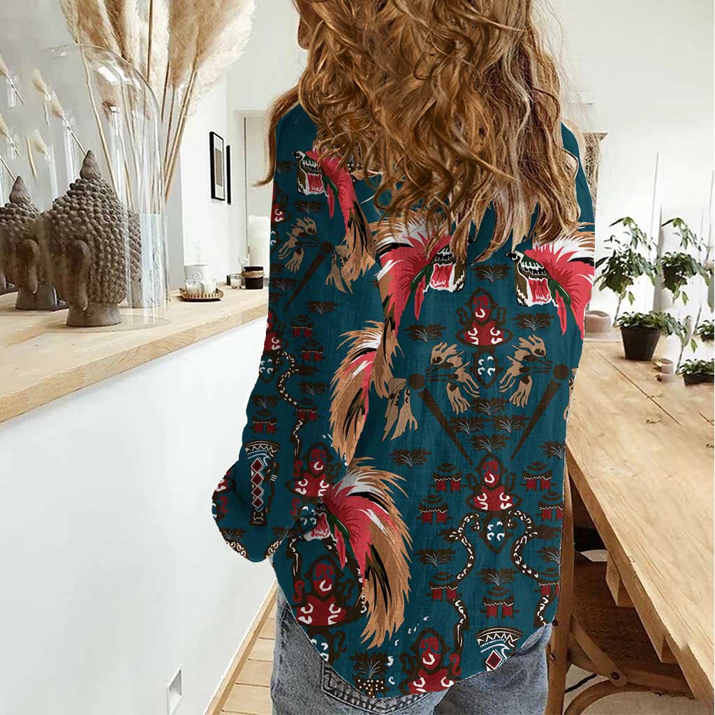 Dark Cyan Blue Bird of Batik Papua Women Casual Shirt Exotic Natural Wealth of Papua LT9 - Polynesian Pride