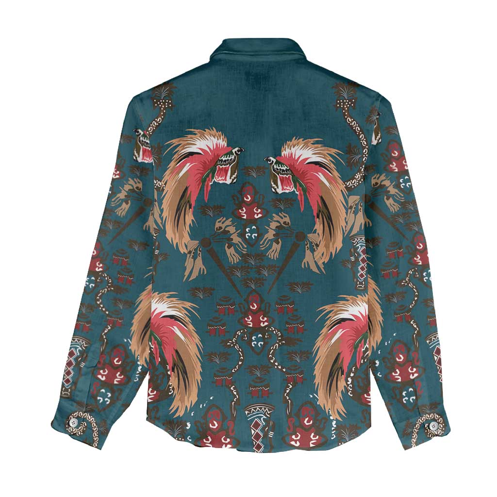 Dark Cyan Blue Bird of Batik Papua Women Casual Shirt Exotic Natural Wealth of Papua LT9 - Polynesian Pride