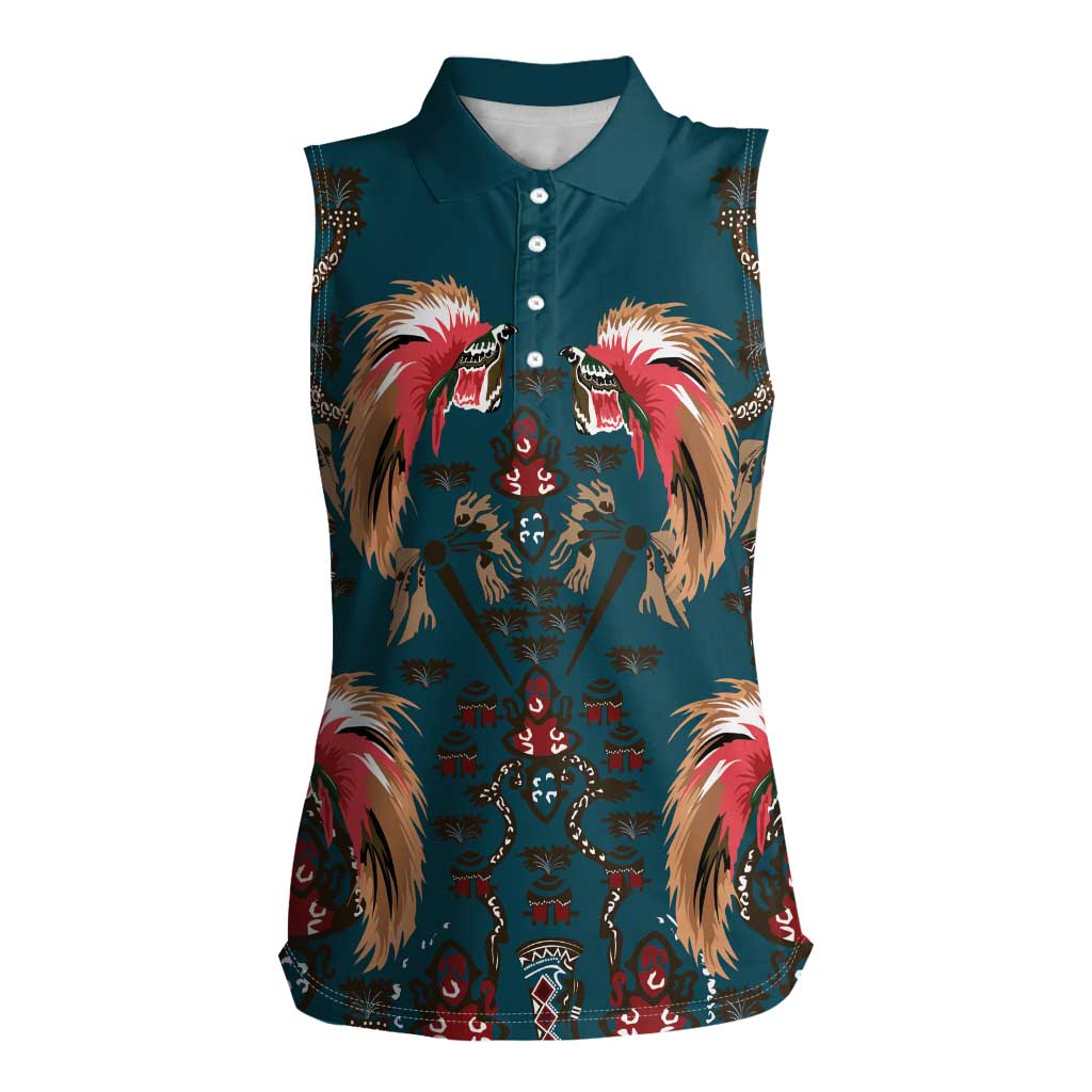 Dark Cyan Blue Bird of Batik Papua Women Sleeveless Polo Shirt Exotic Natural Wealth of Papua LT9 Female Blue - Polynesian Pride