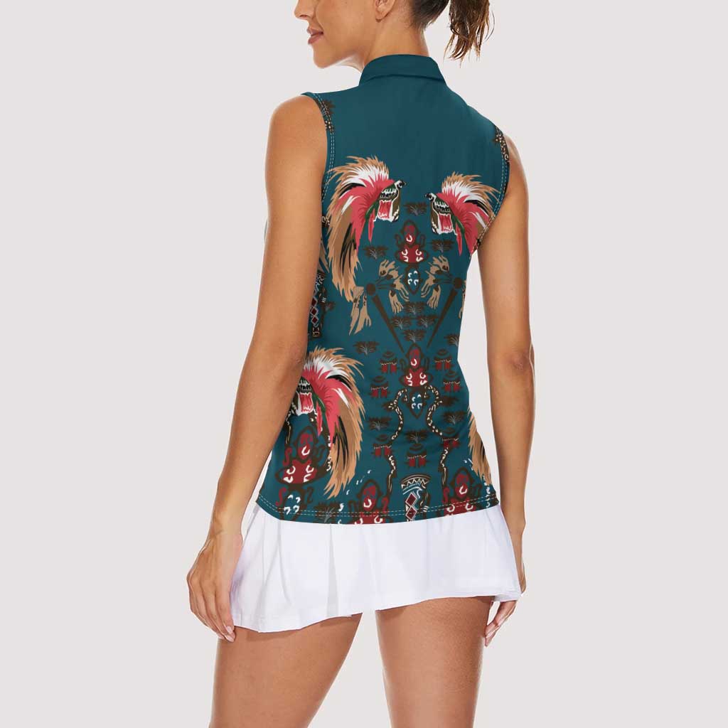 Dark Cyan Blue Bird of Batik Papua Women Sleeveless Polo Shirt Exotic Natural Wealth of Papua LT9 - Polynesian Pride