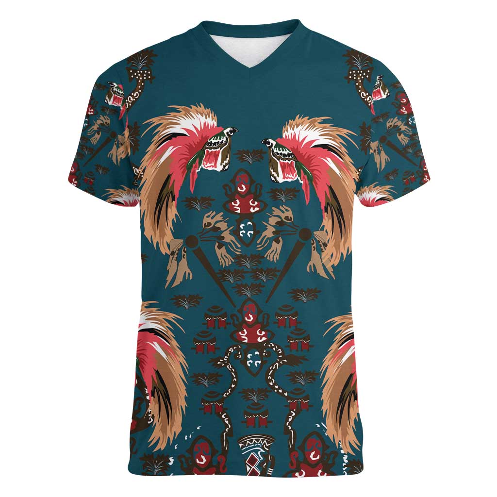 Dark Cyan Blue Bird of Batik Papua Women V-Neck T-Shirt Exotic Natural Wealth of Papua LT9 Female Blue - Polynesian Pride
