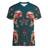 Dark Cyan Blue Bird of Batik Papua Women V-Neck T-Shirt Exotic Natural Wealth of Papua LT9 Female Blue - Polynesian Pride