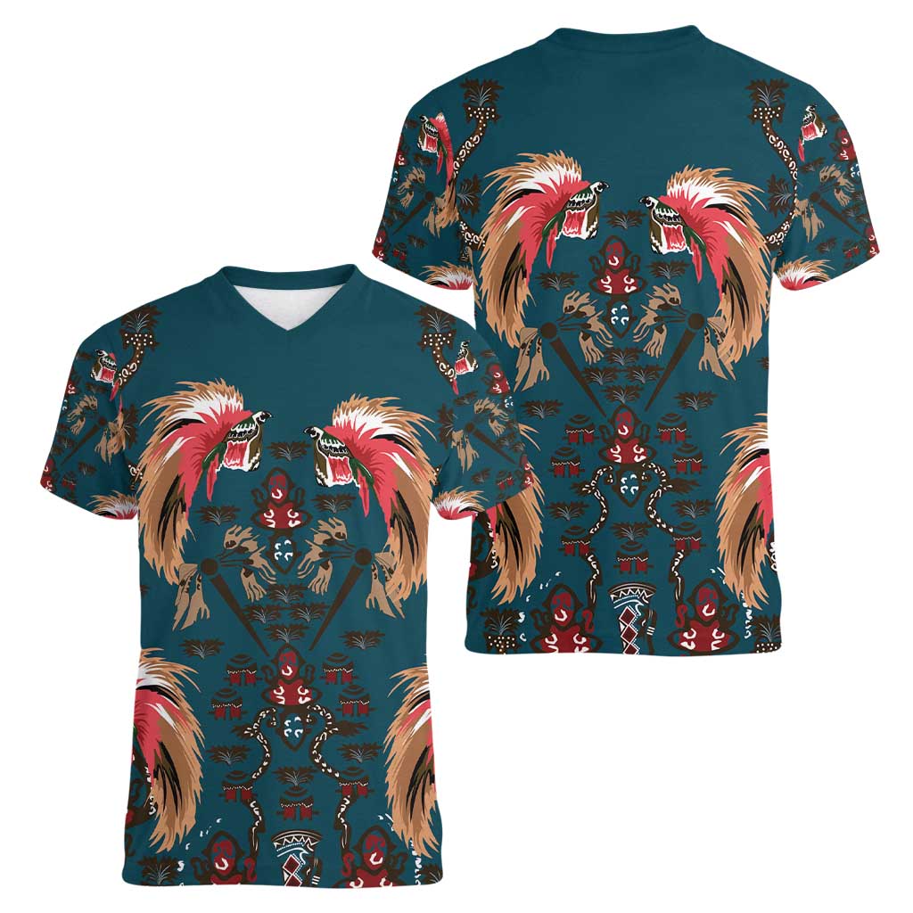 Dark Cyan Blue Bird of Batik Papua Women V-Neck T-Shirt Exotic Natural Wealth of Papua LT9 - Polynesian Pride