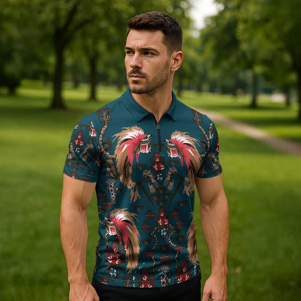 Dark Cyan Blue Bird of Batik Papua Zipper Polo Shirt Exotic Natural Wealth of Papua LT9 - Polynesian Pride