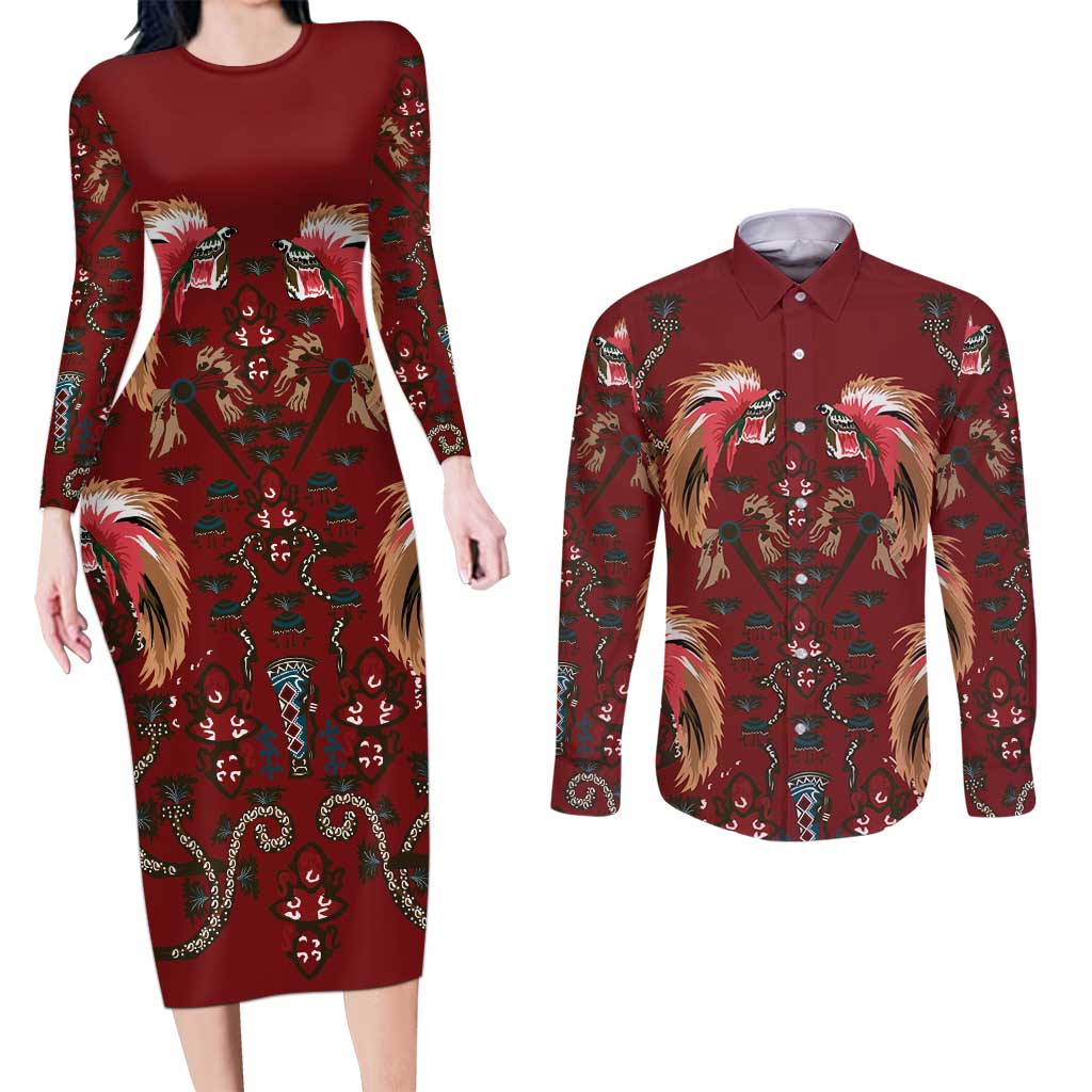 Oxblood Bird of Batik Papua Couples Matching Long Sleeve Bodycon Dress and Long Sleeve Button Shirt Exotic Natural Wealth of Papua - Polynesian Pride