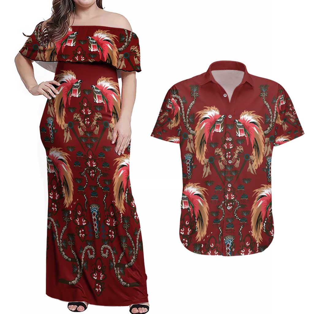 Oxblood Bird of Batik Papua Couples Matching Off Shoulder Maxi Dress and Hawaiian Shirt Exotic Natural Wealth of Papua LT9 Red - Polynesian Pride