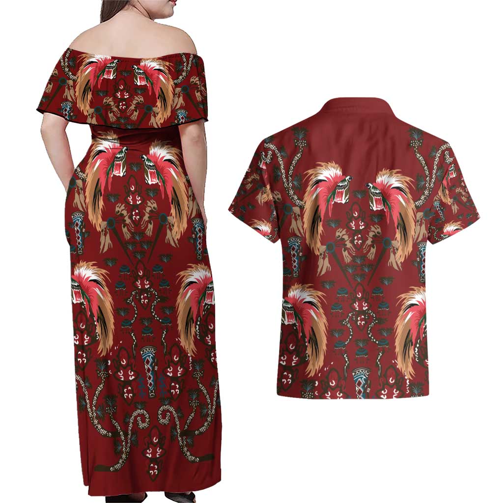 Oxblood Bird of Batik Papua Couples Matching Off Shoulder Maxi Dress and Hawaiian Shirt Exotic Natural Wealth of Papua LT9 - Polynesian Pride