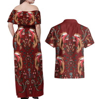 Oxblood Bird of Batik Papua Couples Matching Off Shoulder Maxi Dress and Hawaiian Shirt Exotic Natural Wealth of Papua LT9 - Polynesian Pride