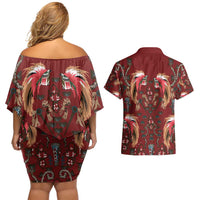 Oxblood Bird of Batik Papua Couples Matching Off Shoulder Short Dress and Hawaiian Shirt Exotic Natural Wealth of Papua LT9 - Polynesian Pride