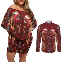 Oxblood Bird of Batik Papua Couples Matching Off Shoulder Short Dress and Long Sleeve Button Shirt Exotic Natural Wealth of Papua LT9 Red - Polynesian Pride