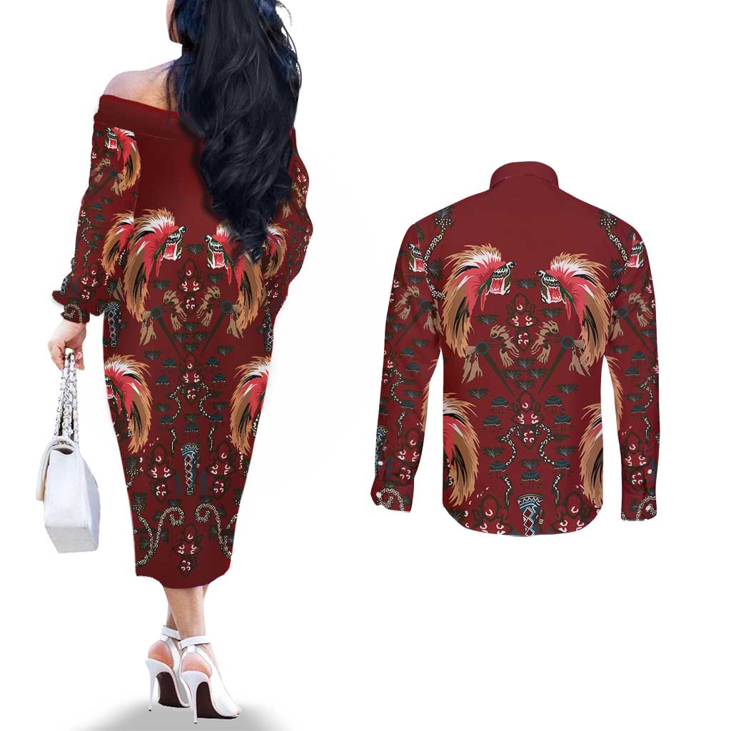 Oxblood Bird of Batik Papua Couples Matching Off The Shoulder Long Sleeve Dress and Long Sleeve Button Shirt Exotic Natural Wealth of Papua LT9 - Polynesian Pride