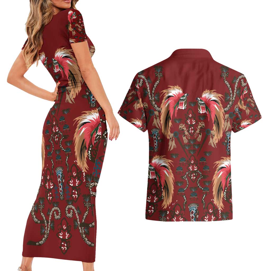 Oxblood Bird of Batik Papua Couples Matching Short Sleeve Bodycon Dress and Hawaiian Shirt Exotic Natural Wealth of Papua LT9 - Polynesian Pride
