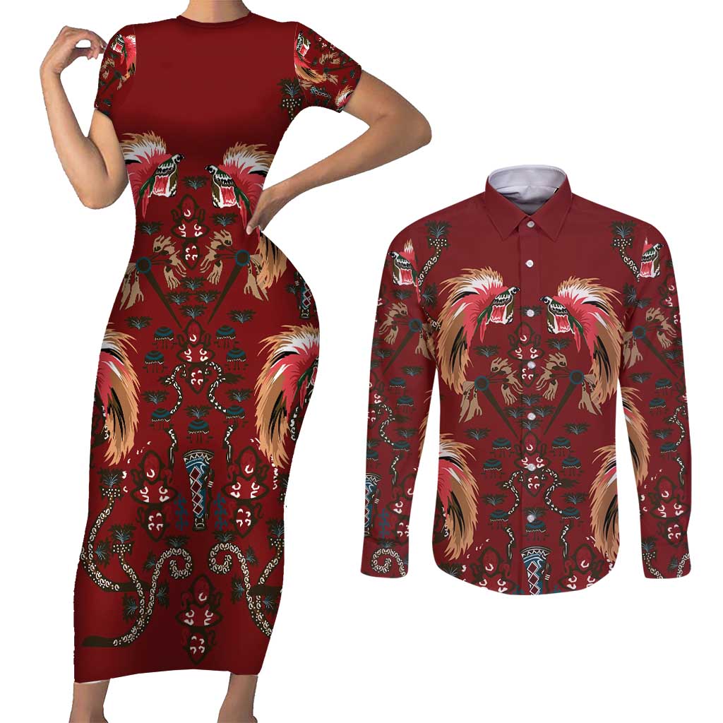 Oxblood Bird of Batik Papua Couples Matching Short Sleeve Bodycon Dress and Long Sleeve Button Shirt Exotic Natural Wealth of Papua LT9 Red - Polynesian Pride