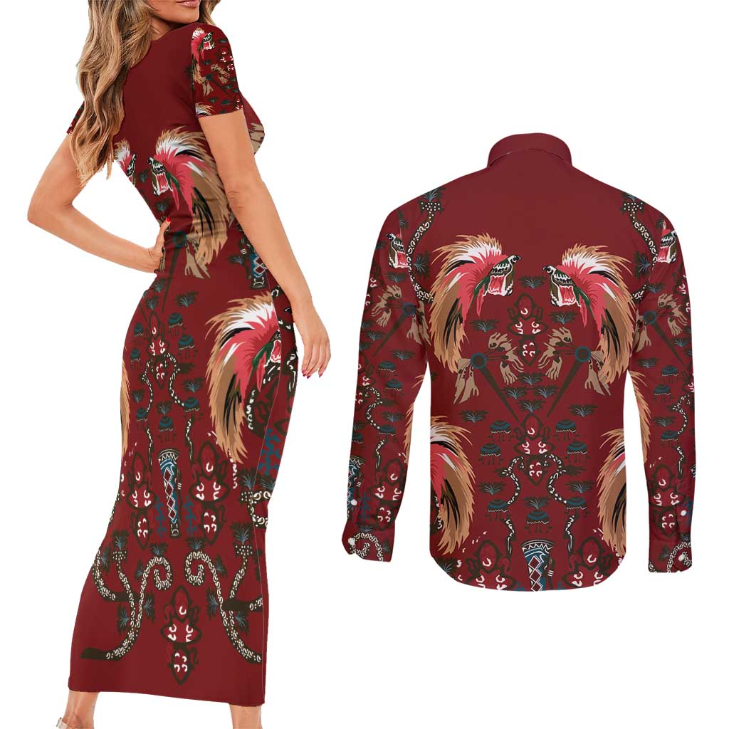 Oxblood Bird of Batik Papua Couples Matching Short Sleeve Bodycon Dress and Long Sleeve Button Shirt Exotic Natural Wealth of Papua LT9 - Polynesian Pride