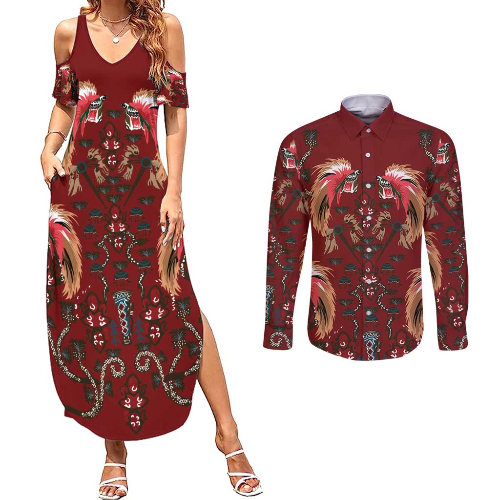 Oxblood Bird of Batik Papua Couples Matching Summer Maxi Dress and Long Sleeve Button Shirt Exotic Natural Wealth of Papua LT9 Red - Polynesian Pride