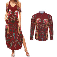 Oxblood Bird of Batik Papua Couples Matching Summer Maxi Dress and Long Sleeve Button Shirt Exotic Natural Wealth of Papua LT9 Red - Polynesian Pride