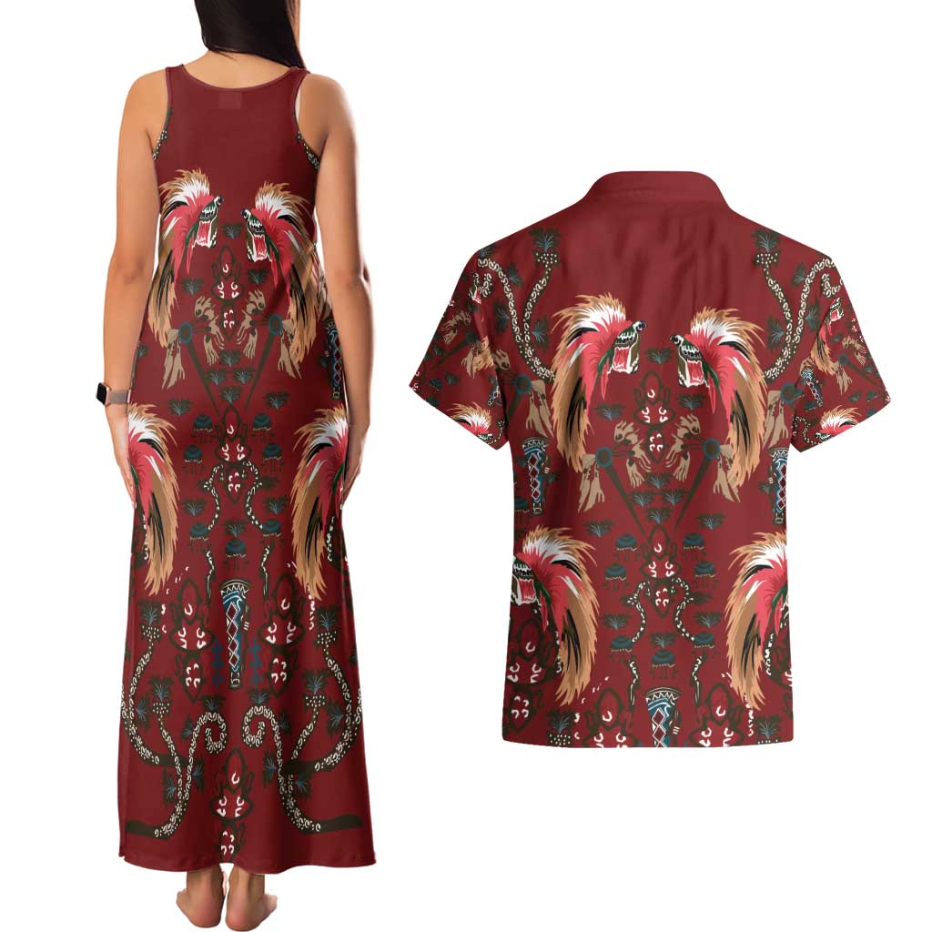 Oxblood Bird of Batik Papua Couples Matching Tank Maxi Dress and Hawaiian Shirt Exotic Natural Wealth of Papua LT9 - Polynesian Pride