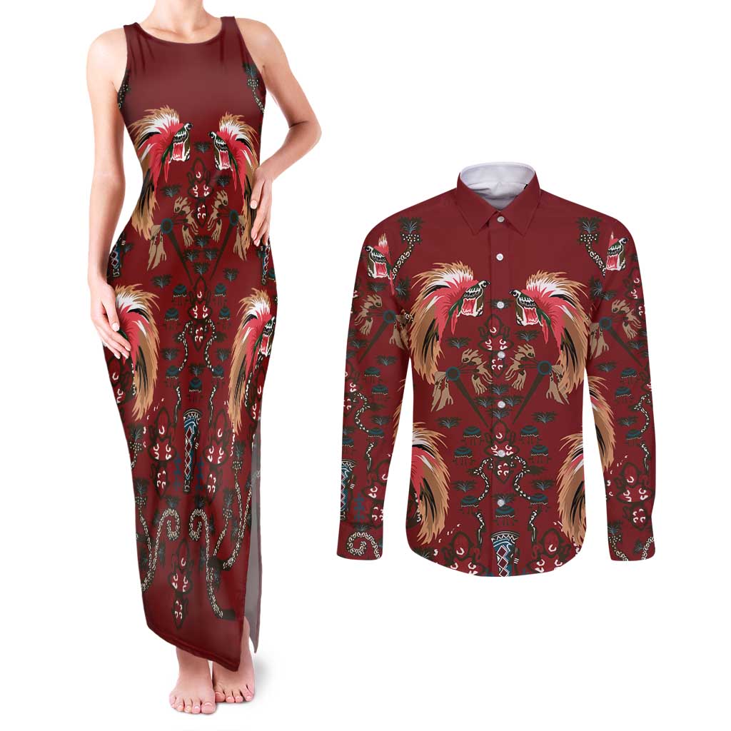 Oxblood Bird of Batik Papua Couples Matching Tank Maxi Dress and Long Sleeve Button Shirt Exotic Natural Wealth of Papua LT9 Red - Polynesian Pride