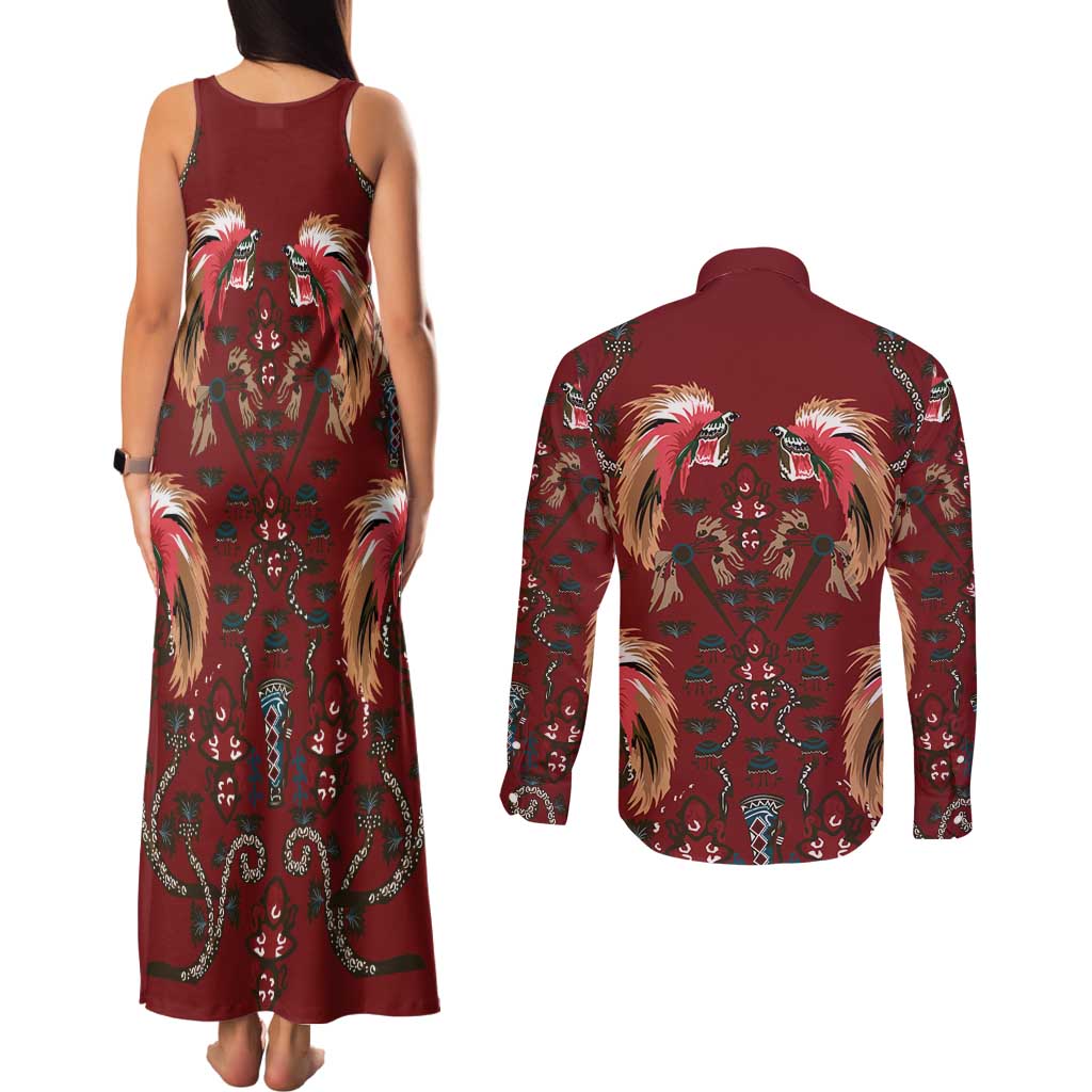 Oxblood Bird of Batik Papua Couples Matching Tank Maxi Dress and Long Sleeve Button Shirt Exotic Natural Wealth of Papua LT9 - Polynesian Pride