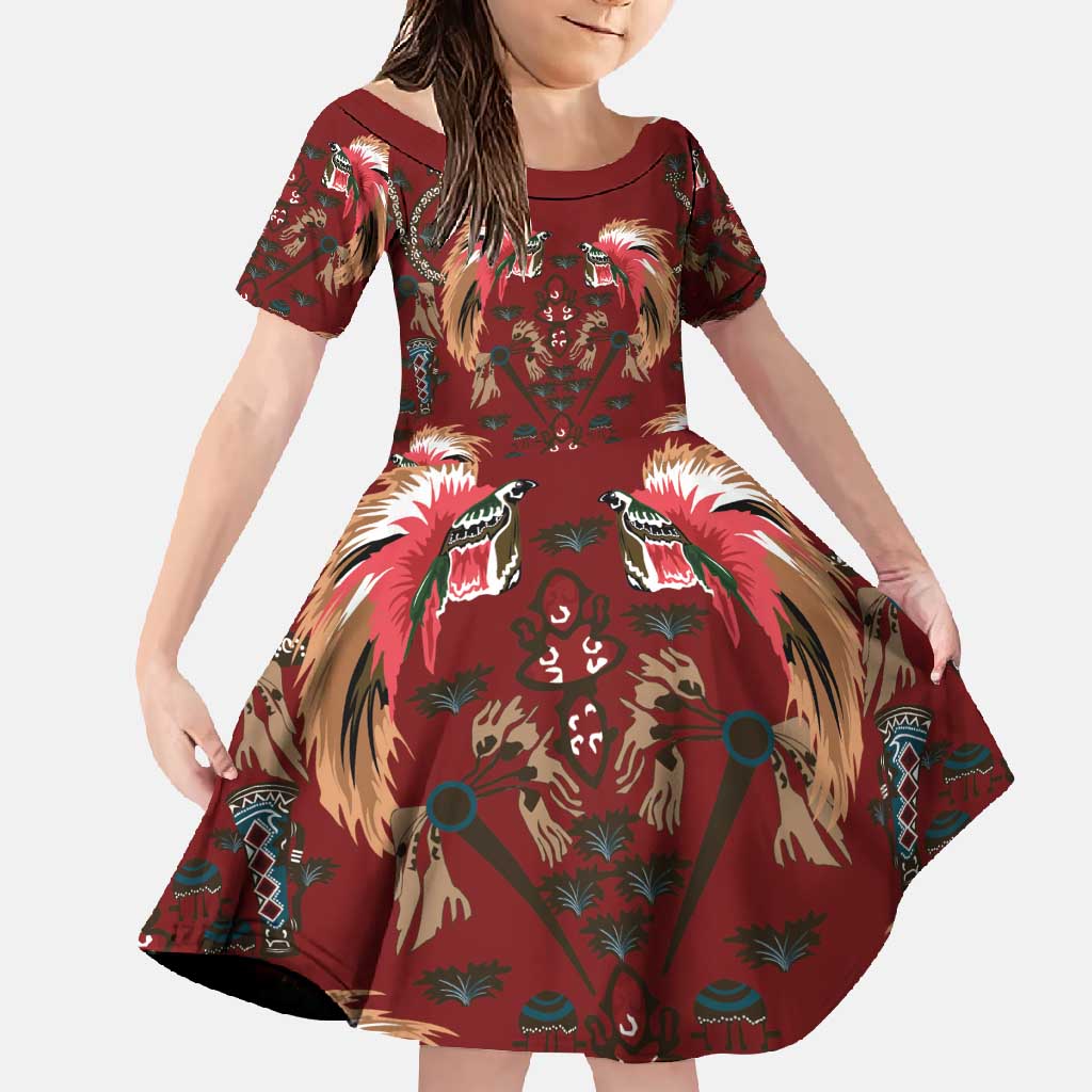 Oxblood Bird of Batik Papua Family Matching Mermaid Dress and Hawaiian Shirt Exotic Natural Wealth of Papua LT9 Daughter's Dress Red - Polynesian Pride