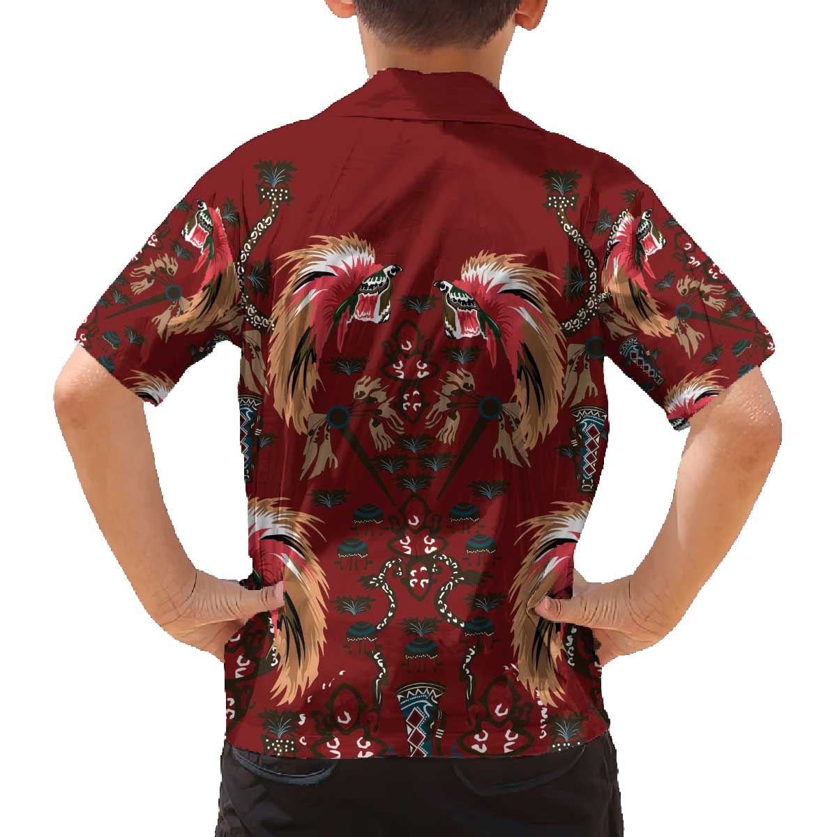 Oxblood Bird of Batik Papua Family Matching Off The Shoulder Long Sleeve Dress and Hawaiian Shirt Exotic Natural Wealth of Papua LT9 - Polynesian Pride