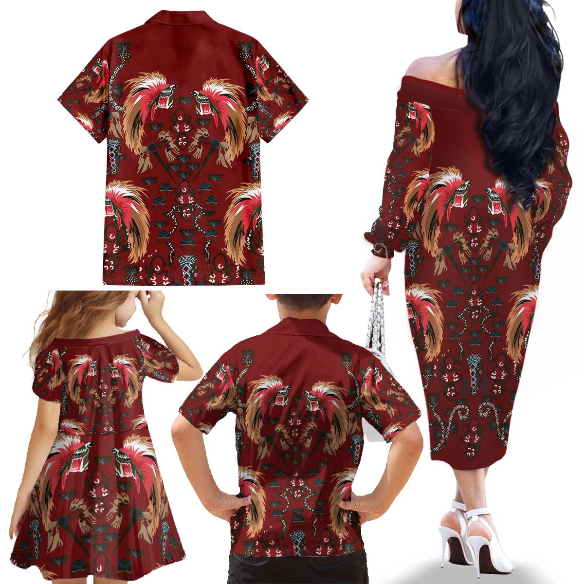 Oxblood Bird of Batik Papua Family Matching Off The Shoulder Long Sleeve Dress and Hawaiian Shirt Exotic Natural Wealth of Papua LT9 - Polynesian Pride