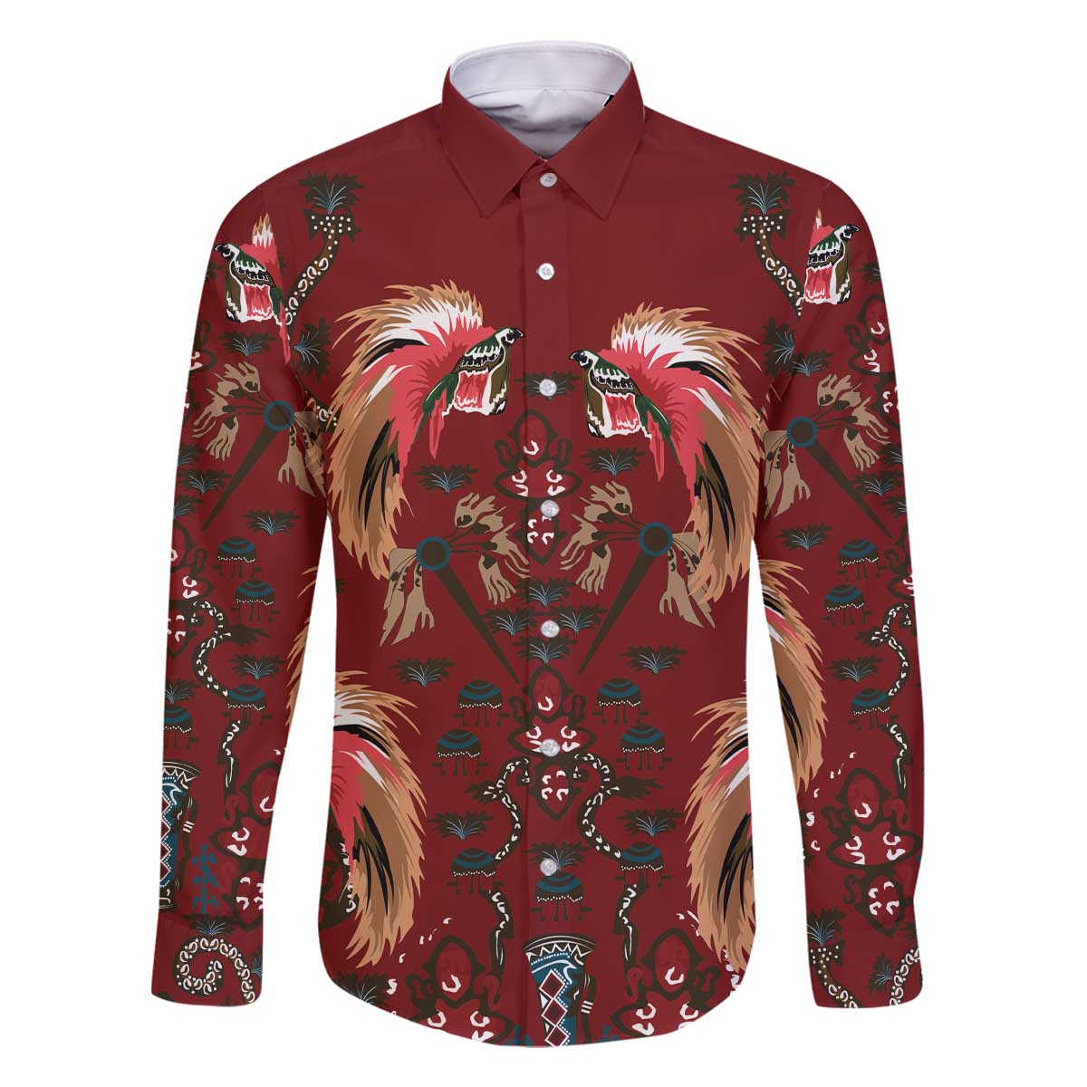 Oxblood Bird of Batik Papua Family Matching Off The Shoulder Long Sleeve Dress and Hawaiian Shirt Exotic Natural Wealth of Papua LT9 Dad's Shirt - Long Sleeve Red - Polynesian Pride