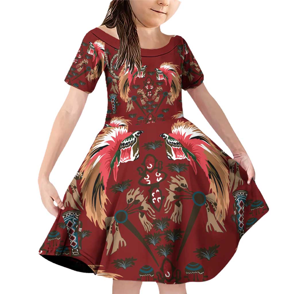 Oxblood Bird of Batik Papua Family Matching Off Shoulder Short Dress and Hawaiian Shirt Exotic Natural Wealth of Papua LT9 Daughter's Dress Red - Polynesian Pride