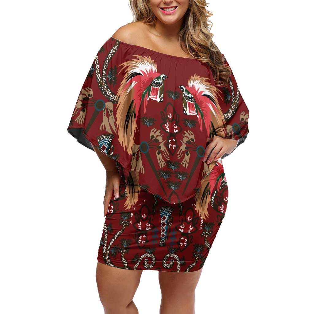 Oxblood Bird of Batik Papua Family Matching Off Shoulder Short Dress and Hawaiian Shirt Exotic Natural Wealth of Papua LT9 Mom's Dress Red - Polynesian Pride
